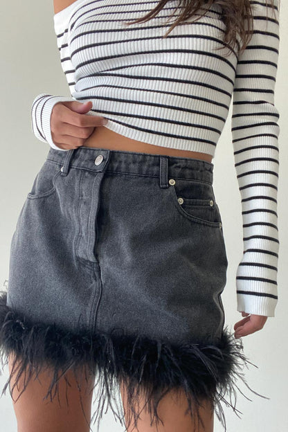 Dali Feather Trim Denim Mini Skirt