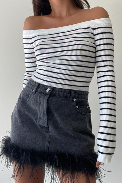 Dali Feather Trim Denim Mini Skirt