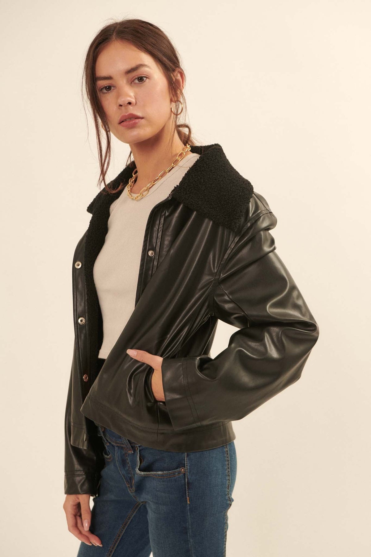 Dolores Sherpa Collar Vegan Leather Jacket